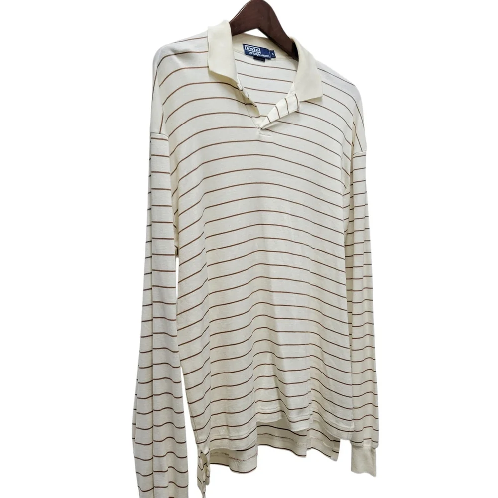 Polo Ralph Lauren Men's Long-Sleeves Beige Brown Stripe Cotton Shirt Large
